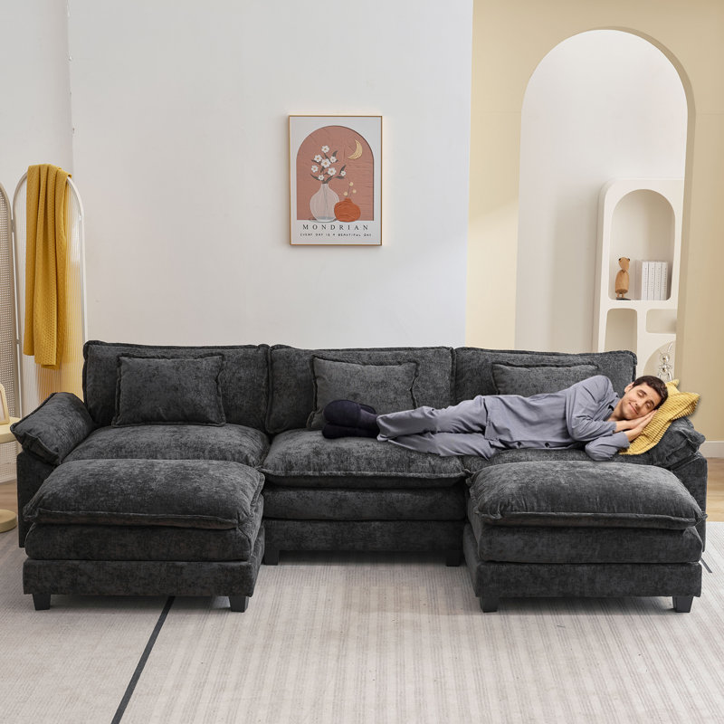 120 Comfy Cloud Couch U Shaped Sectional Sofa with Two Ottomans Black Chenille